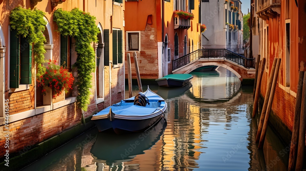 Panoramic view of the canal with boats in Venice, Italy