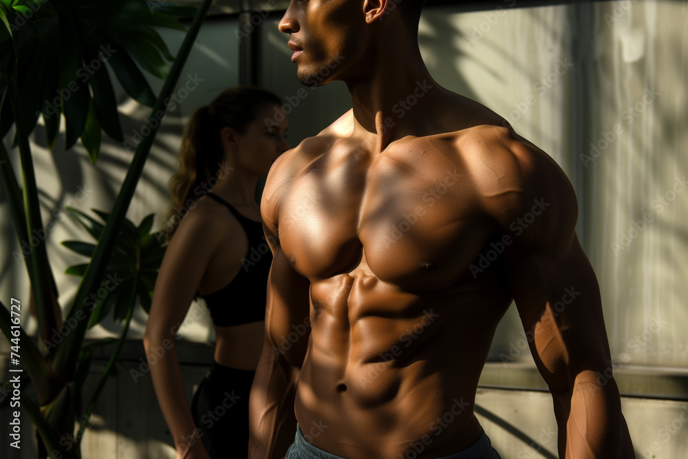 black male bodybuilder in an exotic gym with woman in background