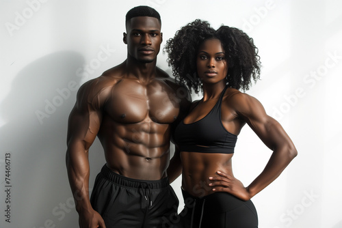 athlethic and muscular black fitness couple in front of white background