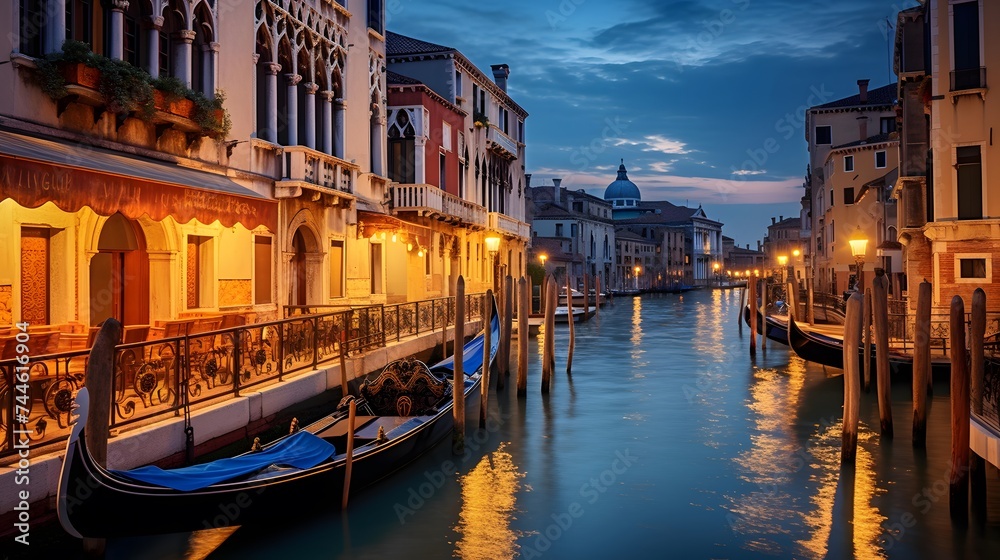 Grand Canal in Venice, Italy at dusk. Panoramic view