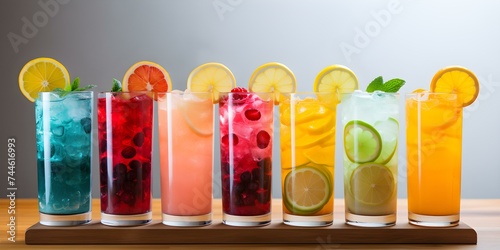 Tall glasses holding a colorful variety of refreshing juices in a row. Concept Food Photography, Refreshing Drinks, Colorful Beverages, Summer Vibes
