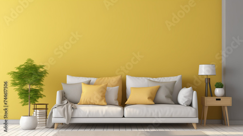 minimalistic funished Japanese style home interior design. modern living room with sofa and yellow wall