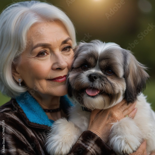 Old man and woman pose with their Dachshund in the garden and hug him affectionately