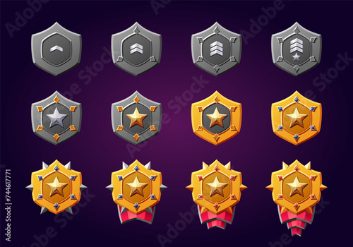 3d Game rank badges set isolated on background. Vector emblems of different level decorated with stars, ribbons, golden, silver. Perfect for games.