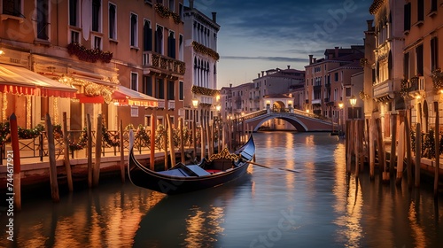 Gondola in Venice at night, Italy. Long exposure. © I