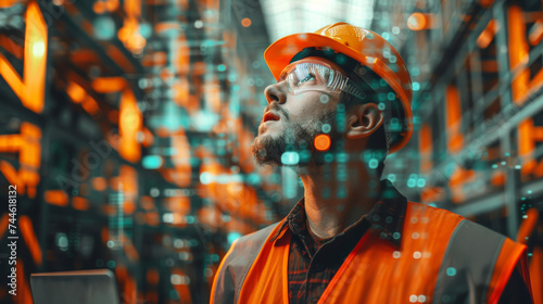 Industrial Worker with Digital Overlay. Worker in orange vest with digital graphics overlay in warehouse.