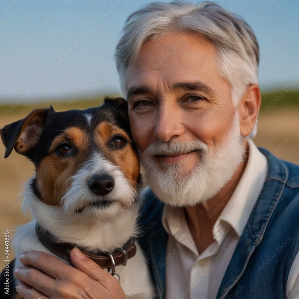 Old man poses with his Pembroke Welsh Corgi dog in the garden and hugs him affectionately Old man poses with his Pembroke Welsh Corgi dog in the garden and hugs him affectionately