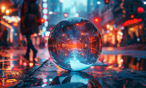 Crystal Ball Reflection on Urban Street. A crystal ball reflecting vibrant city lights on a wet street.