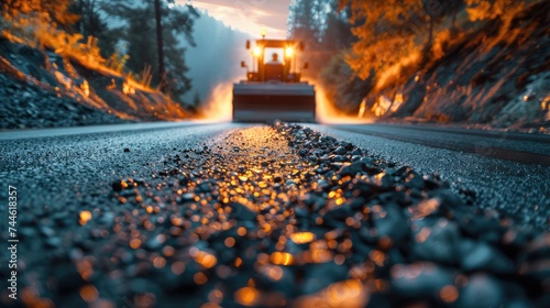 A road roller is grinding a road under construction. Generative AI. photo