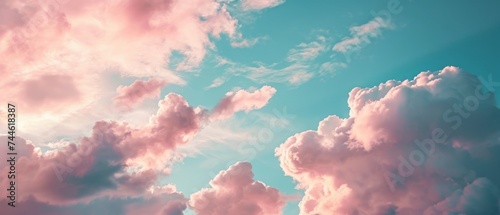 Pastel Pink Clouds at Sunset Sky. Soft pastel pink and blue hues paint a tranquil sunset sky with billowing cloud formations