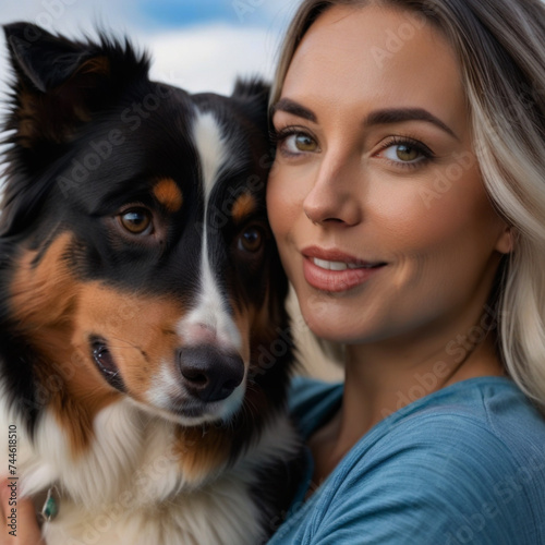 Young lady poses with her Greater swiss mountain dog in the garden and hugs him affectionately