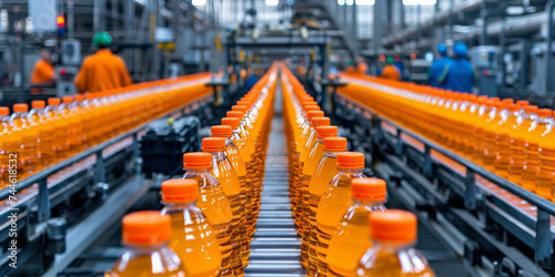 Industrial Bottling Process with Rows of Orange Beverage Bottles