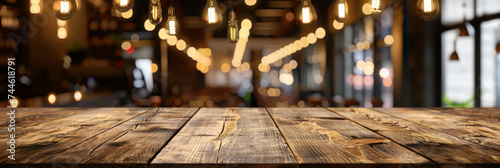 Wooden Table with Blurred Bistro Background
