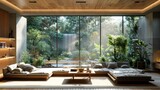 Grey sofa, wooden coffee table, and big window in bright living room