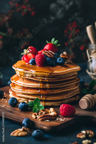 Close-up of a stack of pancakes with syrup and berries for a delicious breakfast or brunch
