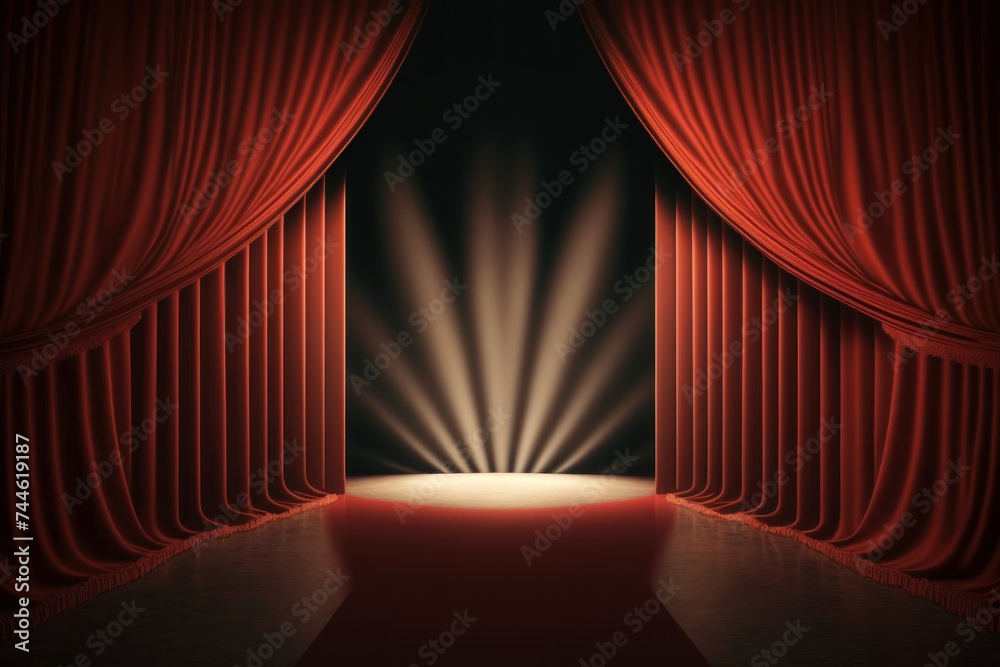 Capture the dramatic anticipation of a theater stage with red curtains drawn and spotlight on: perfect for backgrounds and artistic projects
