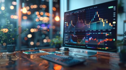 A computer with increasing line graphs, only graphics increasing. Generative AI.