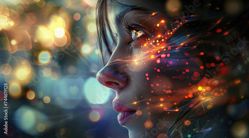 a woman with her face painted with lights and information, futuristic digital art