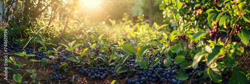 Sunrise illuminates ripe blueberries on a bush