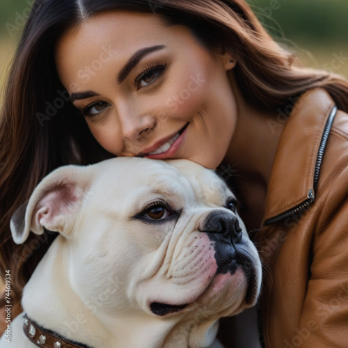 Young lady poses with her Bulldog in the garden and hugs him affectionately