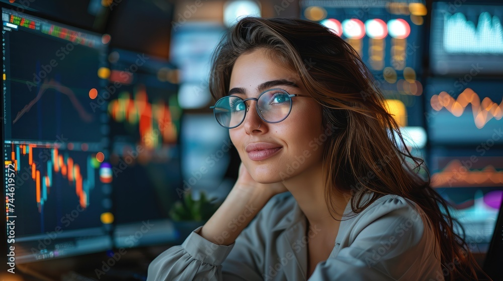Smiling young woman looking at a monitor with a stock market graph monitoring market prices. Generative AI.