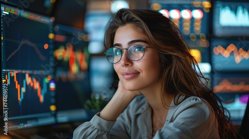 Smiling young woman looking at a monitor with a stock market graph monitoring market prices. Generative AI.