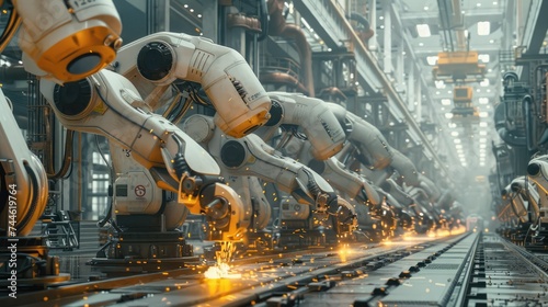 A giant futuristic robotic factory assembly line with towering machines whirring and clanking and sparks flying from welding robots. Generative AI.