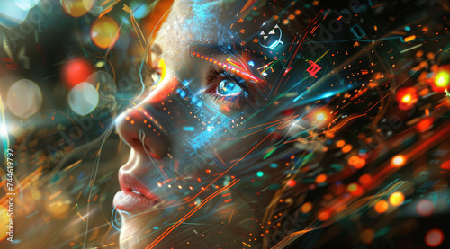 a woman with her face painted with lights and information, futuristic digital art