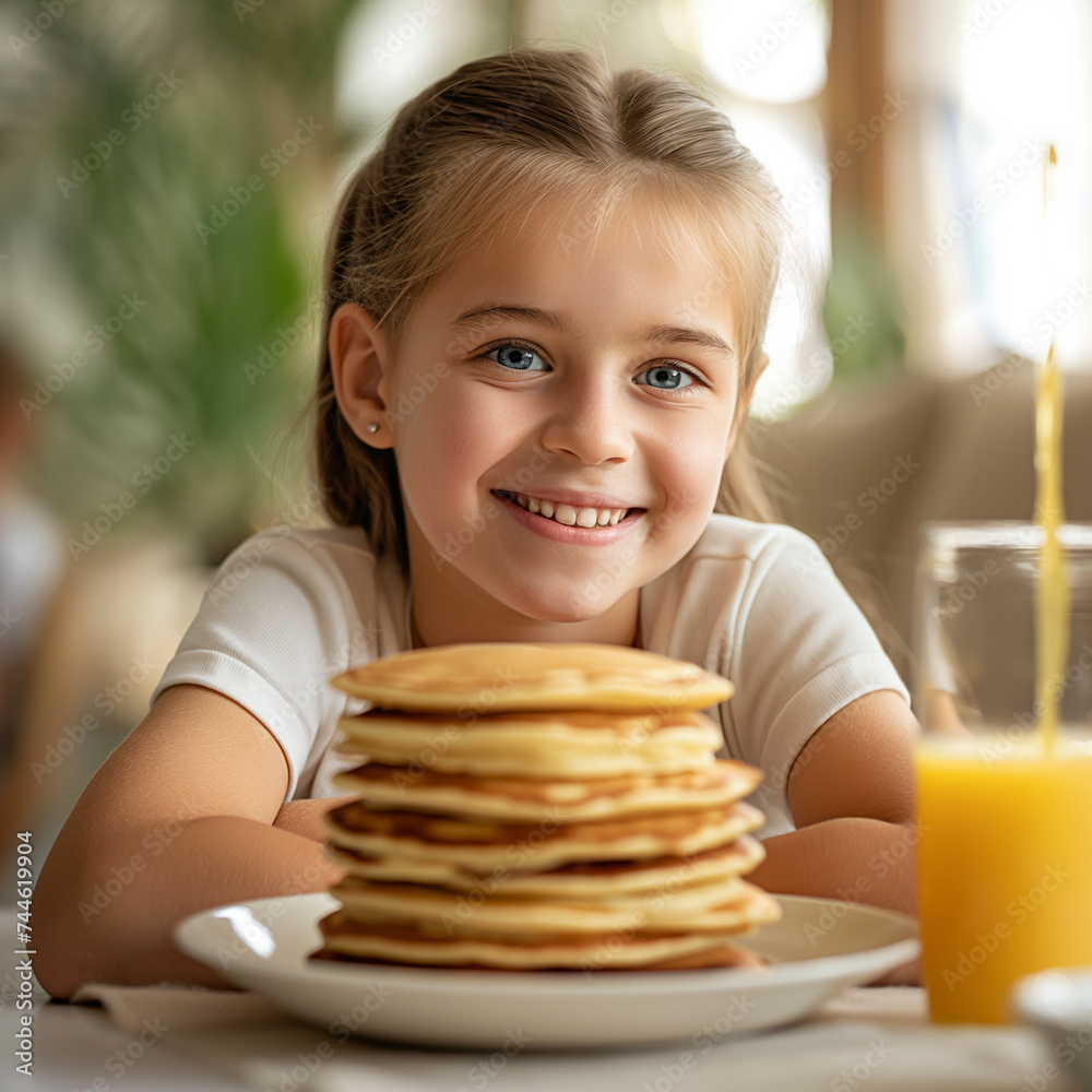Cheerful young girl enjoying a healthy breakfast of pancakes and orange juice. Cheerful young girl enjoying a healthy breakfast of pancakes and orange juice.