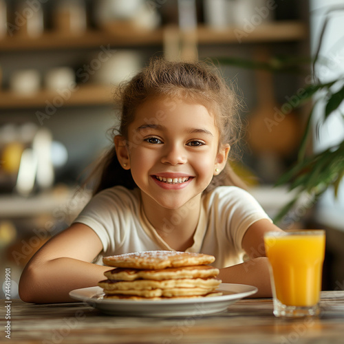 Young girl smiling at breakfast with pancakes and juice  perfect for family or health-themed content.