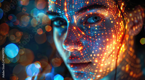 a woman with her face painted with lights and information, futuristic digital art © Kien