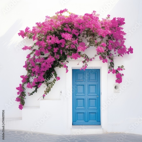Blue Door, Pink Flowers on White Building. Printable Wall Art.