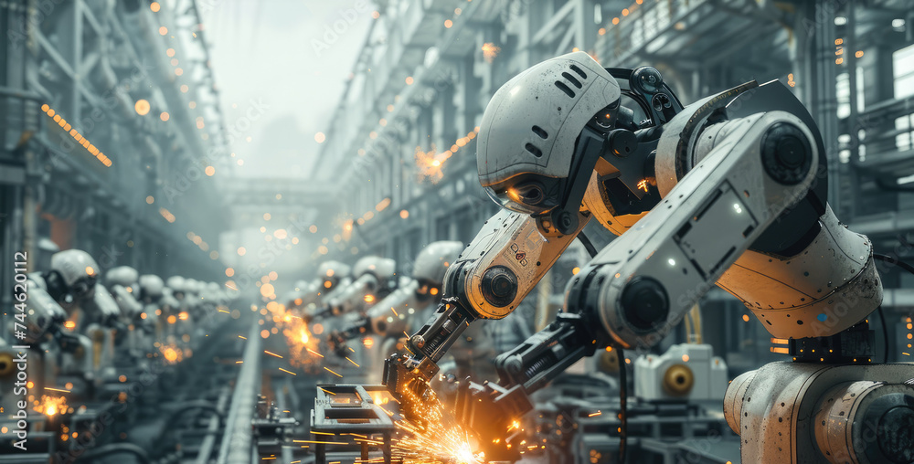 A giant futuristic robotic factory assembly line with towering machines whirring and clanking and sparks flying from welding robots. Generative AI.