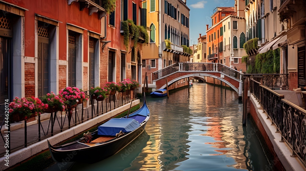 Panoramic view of the canal with gondolas in Venice, Italy