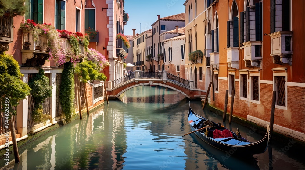 Canal in Venice, Italy. Panoramic view of the canal with gondolas