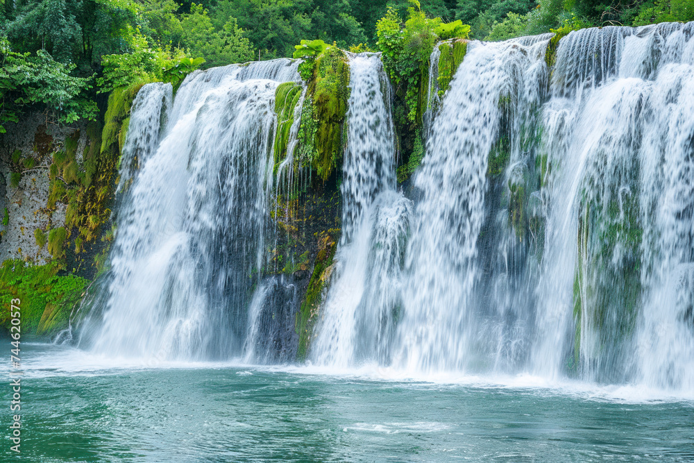 Majestic waterfall panorama with cascading tiers of water, misty spray.