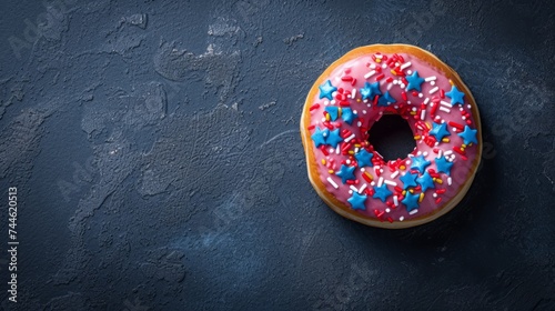 Delicious American donut in red, blue and white colors with stars. The concept of patriotism, celebration of anniversary, birthday with copypsace photo