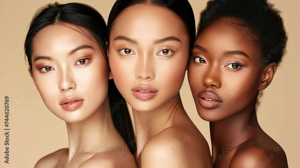 Women with diverse ethnicities posing and smiling against a beige background. Different ethnicities posing and smiling with different types of skin.