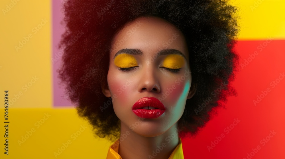 African American Fashion Model Portrait . Satisfied brunette young woman with afro hair style and closed eyes shows kiss, creative yellow make-up, lips and eyeshadows on a colorful background. - obrazy, fototapety, plakaty 