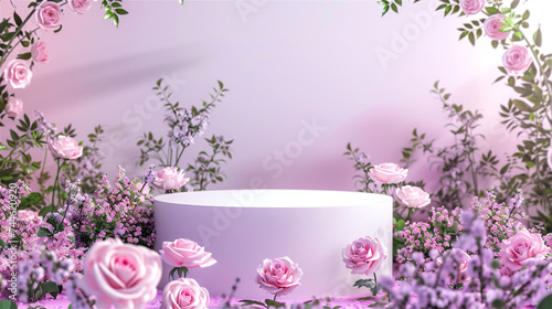 3D blank pink podium for product display with greenery and roses around.