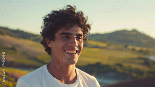 Close up portrait of a young happy smiling man with blurred outdoor background