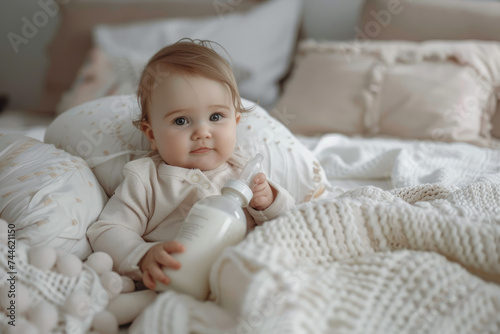 Adorable baby girl in bed with a milk bottle