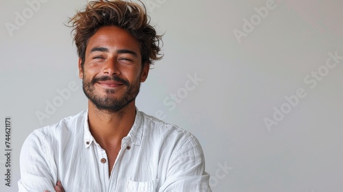 Arab or Indian young man with beard, wearing casual shirt, standing in front of an isolated white background, holding laptop, smiling joyfully, looking to the side, dreaming, imagining
