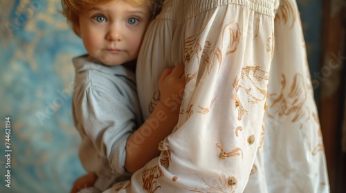 Little kid hiding behind his mom's skirt