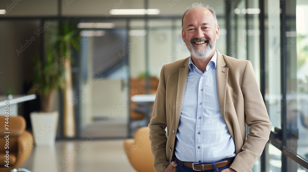 smiling businessman standing in modern office, professional business person, portrait of a businessman, corporate life, concept of job satisfaction smiling businessman standing in modern office, professional business person, portrait of a businessman, corporate life, concept of job satisfaction