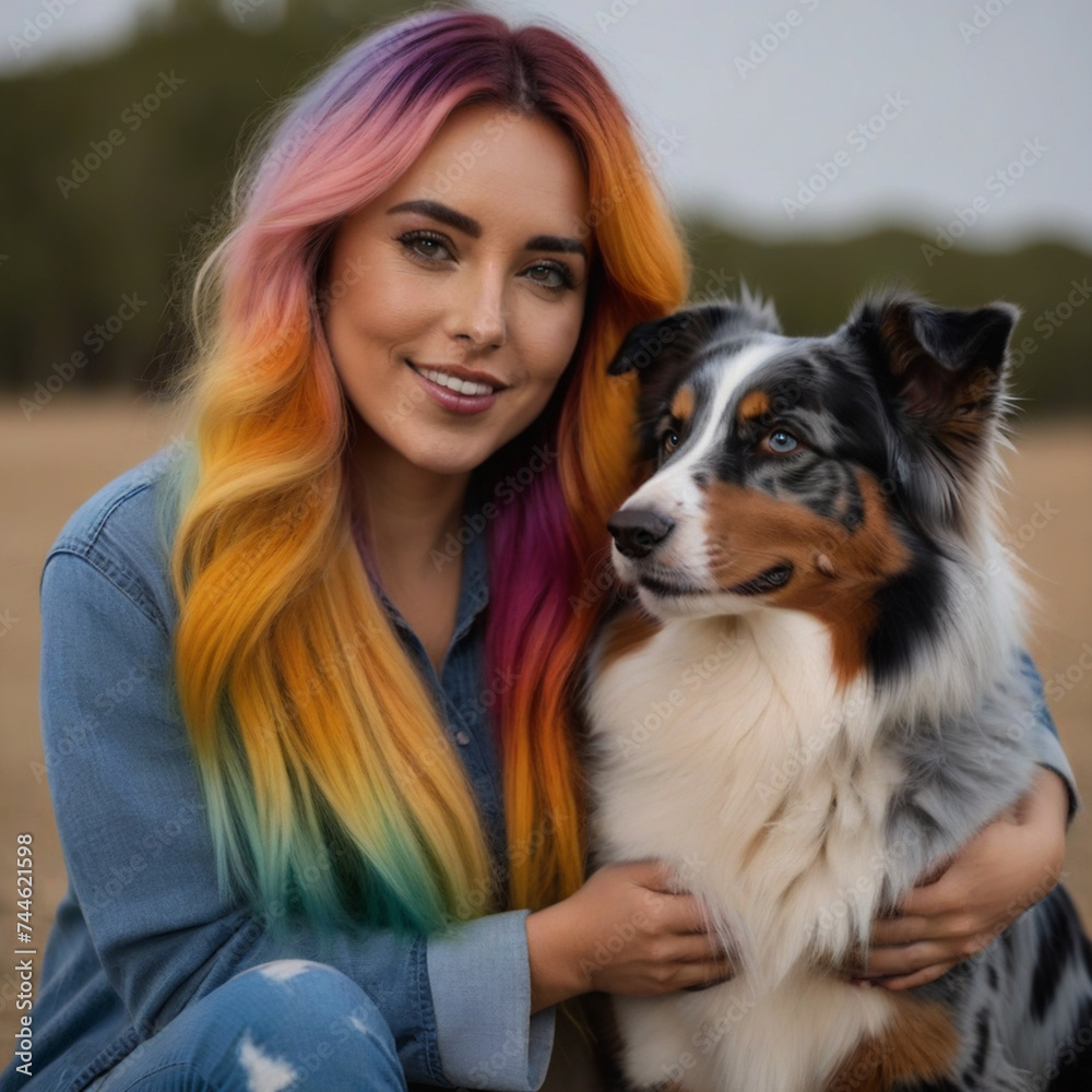 Young woman poses with her Australian Shepherd dog in the garden and hugs him affectionately Young woman poses with her Australian Shepherd dog in the garden and hugs him affectionately