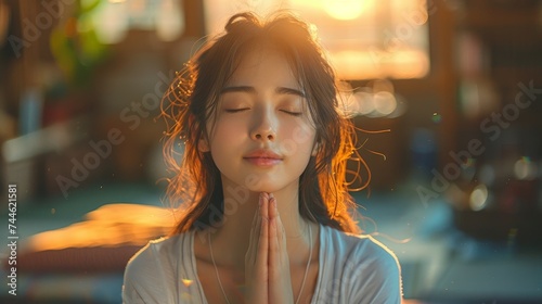 Christian girl closing her eyes praying to God for help, thanks to God, making a wish, calmly meditating on a sofa at home, praying to God with closed eyes, believing in God.