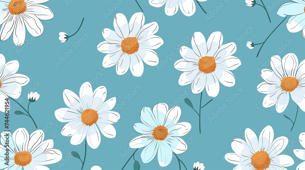 seamless pattern with camomiles, blue background seamless pattern with camomiles, blue background