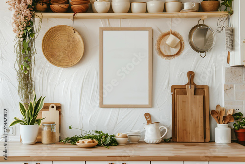 Blank modern wooden frame in a romantic boho kitchen