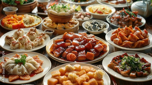A table full of delicious Chinese food, with all kinds of dishes with good color, top view. Generative AI.